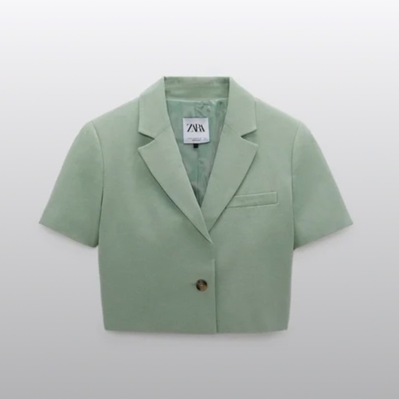 Zara Pistachio Cropped Short Sleeve Shoulder Pad One Button Blazer Top Large - Picture 2 of 5